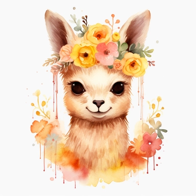 Small and cute lama with big eyes, yellow flowers, pink flowers, water elements, with bugs, with birds, overcute, looking to the camera,cartoon, clipart, watercolor, white background, summer flowers at the bottom, cute, love vibes, summer vibes, png