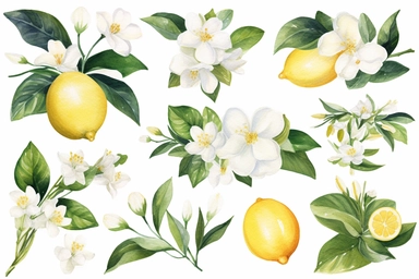 Watercolor clipart collection of matching and coordinating white flowers, lemons and green leaves, isolated elements on a white background with a wide margin