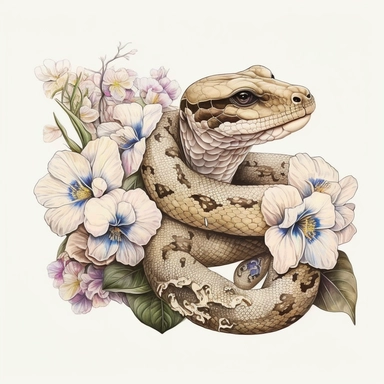 cute boa constrictor, clipart, flowers, realistic, very detailed, white background