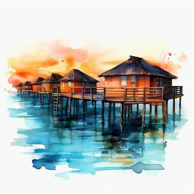 overwater bungalows, turquoise ocean, dock, sunset, watercolor clipart, bright colors, minimalist, isolated white background, 8k