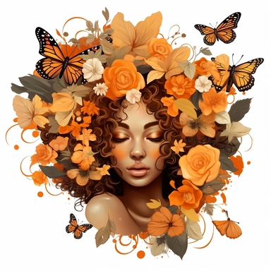 Black Angel Floral Clipart, Skin tone Amber color, curly hair, Hair Above Butterfly And some flowers , rainbow colors design clipart high resolution, white background