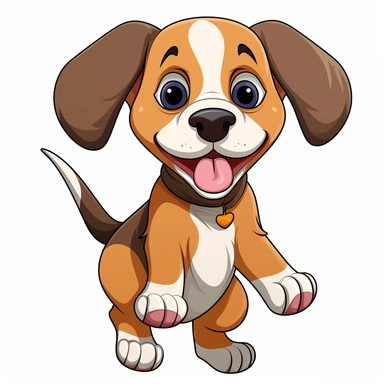 Generate a cute cartoon beagle puppy jumping clipart with a white background. The cat should be facing forward and have large round eyes and a small triangular nose. The ears should be pointy and slightly tilted backwards. The fur should be smooth and have a light pastel color, and there should be no shadows, borders, or watermarks. Please ensure that the image is crisp and sharp