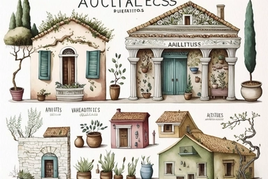 Very cute and Whimsical antique houses of Athens, ancient Greece, ancient architecture, period of B.C., colorful, Watercolor in the style of Drew Brophy, clip art, white background,