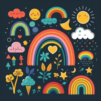 simple vector drawing of a rainbow, clipart, basic shapes, solid colors, joyful, doodle, sticker design, lineart, 2d flat file, silhouette, svg cut file