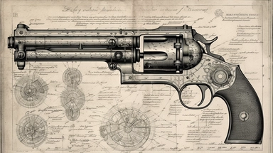 A detailed diagrammatic illustration of an old vintage gun, showcasing its mechanical intricacies and features in a technical style. The gun can be any type, such as a classic revolver or a musket, and should evoke a nostalgic feel. The background can be a simple color or a textured pattern, with additional elements such as bullet casings or a shooting range. This clipart is perfect for use in historical-themed projects, gun-related advertising, or vintage-inspired designs.