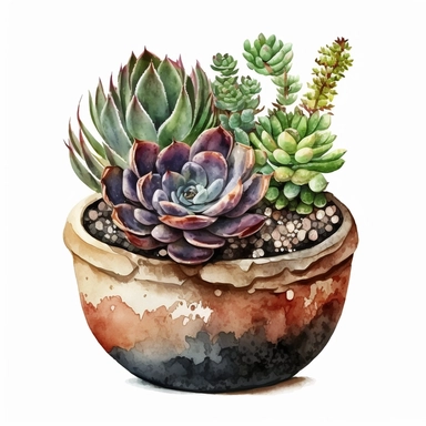 watercolor succulent potted in a clay pot, white background, clipart
