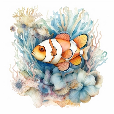 watercolor clown fish and sea anemones, shades of coral turquoise yellow and blue, glamorous, very detailed and realistic, white background with margins, clipart style