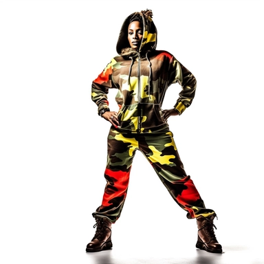 clipart Black woman model pose wearing red black green yellow army style camouflage fatigues fur hood sweat suit white background