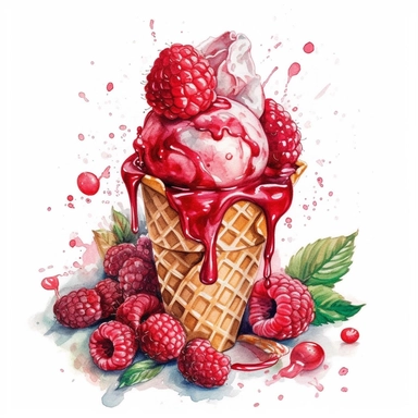 Indulge in the mouthwatering delight of a watercolor illustration capturing the essence of a luscious [raspberries] ice cream. This delightful clipart brings together the whimsy of a cartoon style with hyper-realistic details, creating a truly tempting treat for the eyes. Every brushstroke showcases intricate details, from the glistening texture of the ice cream to the vibrant red hues of the ripe [raspberries]. Isolated on a pristine white background, this high-quality artwork is perfect for va