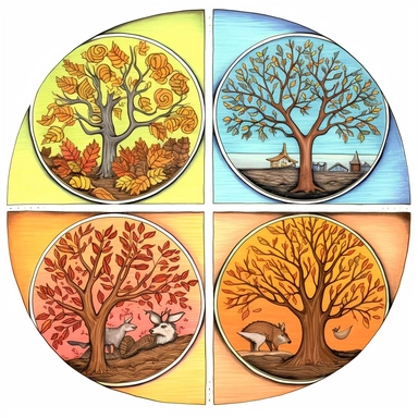line drawing, rich colors, coloring book, clipart style, the 4 seasons illustration