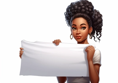 Cartoon Clipart of beautiful African American girl with braided hair, girl holding a blank board on white background, Norman Rockwell style is 20 years old holding white sheet poster, in the style of street style realism, uhd image, illustrated advertisements, eye-catching composition, photorealistic detail, light silver and brown, matte photo