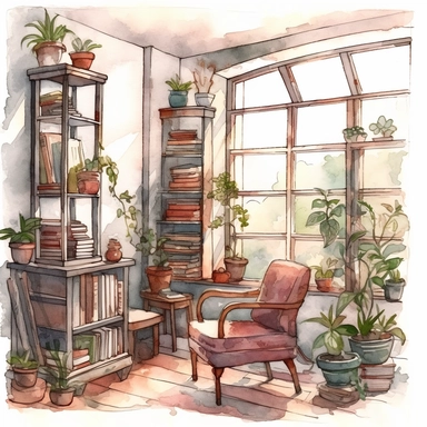 a watercolor clipart of a bookroom with a big window, white background clipart, plants and nature, in the style of darkly romantic illustrations, uhd image, studyplace, fairycore, charming character illustrations, embroidery art, lively nature scenes