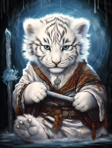 tarot card with white tiger Cub as Jedi master, clipart png, WHITE BACKGROUND, photorealistic, painting, watercolor, 8k, ultra details,