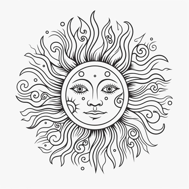 sun, b&w lineart, minimalist style, white background, full body, picture, coloring book style on white background, well composed, clean coloring book page, No dither, no gradient, strong outline, No fill, No solids, vector illustration, clipart, simple, cartoon –ar 9:11 –v 5