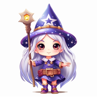 clipart, female kawaii wizard gnome, kawaii wizard gnome, isolated on white background, no background