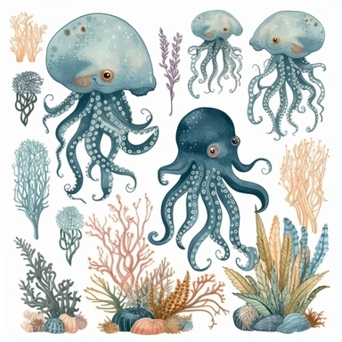 Octopus Clipart Cute Octopus, Sea Creature, Ocean Animals, Kids Sea Creatures, Octopus Nursery Decor, with blue air bubbles and sea anemones and sea plants