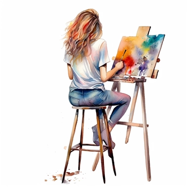 watercolour pretty lady sitting on a stool painting a canvas on an art easel view from behind hd clipart white background