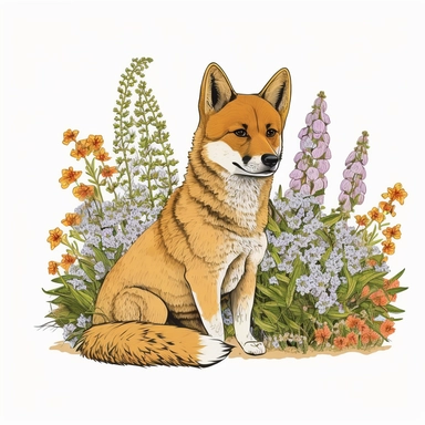 cute dingo, flowers, clipart, very detailed, white background