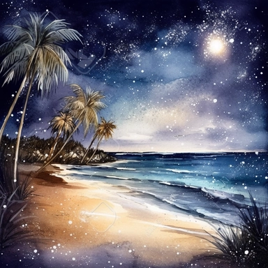clipart style, watercolor scene of A captivating illustration of a Nighttime Beachscape, showcasing a serene beach with palm trees leaning over the shimmering water. The starry sky above adds a sense of wonder and awe, while seashells scattered on the sand evoke a feeling of discovery and connection with nature, HD, on white background