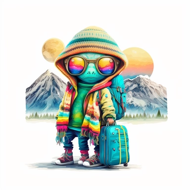 Boho style illustration, clipart, sublimation painting Alien tourist in Alaska. Bright colorful colors. White empty background, high quality 8k, high quality detail