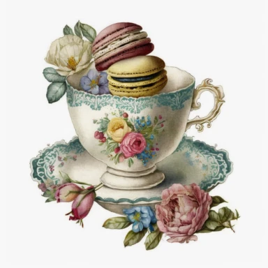 Vintage old school floral tea cup, watercolour clipart, with macaroons