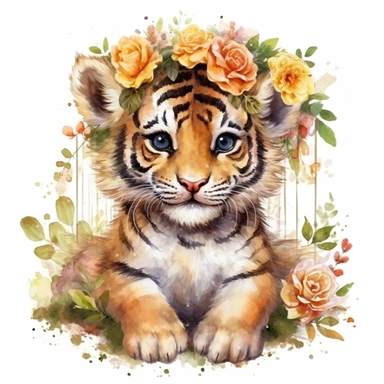 Clipart of baby tiger, tiger cub in the field of flowers with the crown of the flower, full body of tiger cub, watercolor painting, white background, featured on pixiv, computer art, watercolor, digital illustration, detailed painting, realistic