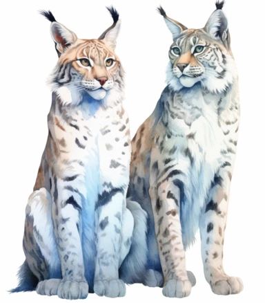 realistic watercolor lynx male & female, screenshot, clipart, super detailed, in the style of watercolor illustrations, intricate detail, on solid white background , no shadow, oil paintings