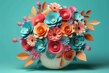 3d render, craft paper flowers, round floral bouquet, botanical arrangement, bright candy colors, nature clip art isolated on sky blue background vector art illustration