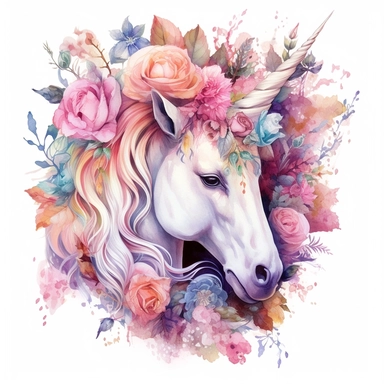 Watercolor Floral Unicorn, peony flowers, roses, Pastel colors, Fantasy, royal, elegance, whimsy, magical, on white background Sublimation Clipart,hyper realistic, intricate detail, illustration style,high solution,on the white background