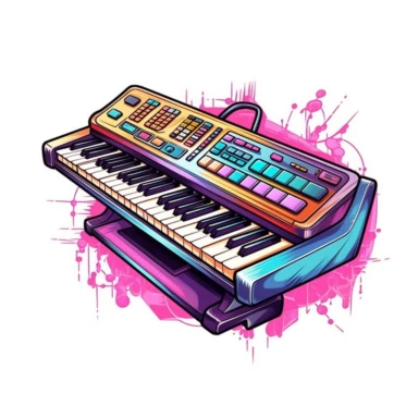 Cute Beautiful Retro 90s Color keyboard piano Sublimation Clipart,Cartoon, hyper realistic, intricate detail, illustration style,high solution,on the white background