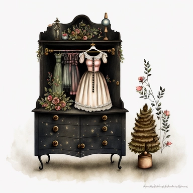 dark academia, christmas dresser, fairytale, folk art, watercolor, white background, clipart