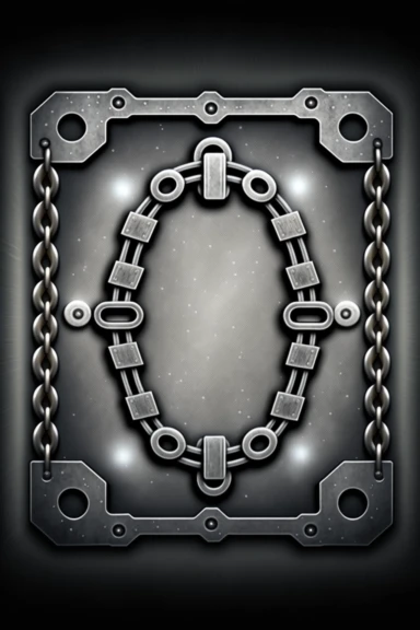 grungy metallic Flat coloured card design of a symmetric thick silver chain link icon cardback , cartoony clipart card design, Logo, glowing Gundam visor magic spell icon, little-flat Graphic Design , grey metal grid background