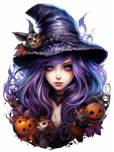 halloween haunted scary gothic steampunk witch, magic, purple,in the style of colorful fantasy realism, bold, manga, sticker art, clipart png, photorealistic, watercolor, digital painting, WHITE BACKGROUND, fantasy style, realistic, painting, 8k, ultra details,
