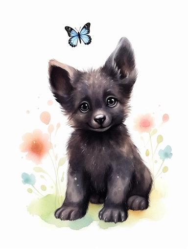 cute happy black wolf cub with butterfly on the nose, pastel watercolor, clipart, solid background
