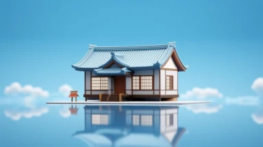 3d Japanese style house icon float with cloud isolated on blue background. real estate trading, dream house concept,, clipping path, hyper realistic, photorealistic, highly detailed,