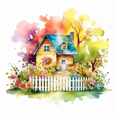 clipart, isolated on white background, beautiful cute Watercolor Spring Cottage - cute little house with fence and chimney, tree and flowers, ornated, vivid and saturated colors