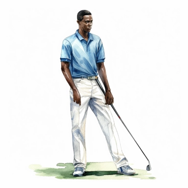 Idyllic watercolor clipart of a young black modern golfer with dark hair in white and blue close-fitting sports golf clothes standing with his putting club on the putting green, isolated on a pure white background, insane detail,