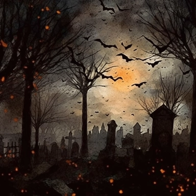 haunted cemetery on halloween night, bats in sky, ghosts flying over damaged tombstones, shilhouettes of trees and bats, clipart, watercolor style--q2--v5.1--s1000