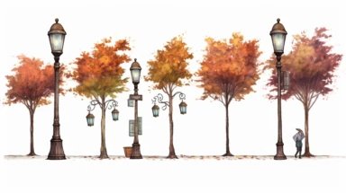 trees in the fall, studio ghibli spirited away clipart, multiple poses and exprassions,trees of New York street lamp, hd, on white background