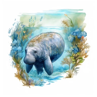hand drawn Florida manatee, in crystal blue water, underwater with plants, very detailed and realistic, watercolor, white background with margins, clipart style