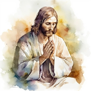 Delicate vintage texture watercolor painting of jesus christ praying with folded hands, kneeling and sideways, pleasant and artistic (watercolor clipart), (soft, diffused lighting)