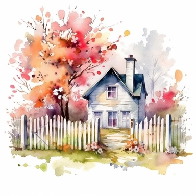 clipart, isolated on white background, beautiful cute Watercolor Spring Cottage - cute little house with fence and chimney, tree and flowers, ornated, vivid and saturated colors