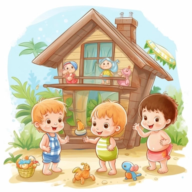 cute babies playing at the summer house, family in background, summer time, no watermark, white background, clipart