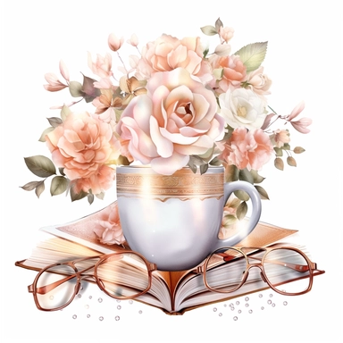 Watercolour rose gold and pastel detailed 3d Handheld Floral Book reading lover, coffee mugs and glasses, surrounded by beautiful roses and Swarovski crystals and diamonds, svg clipart style, solid white background, clipart element, clipart style highly detailed beautiful