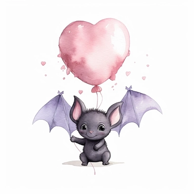 a delightful watercolor clipart image with a white background and white margins, portraying a baby bat clutching a heart-shaped balloon with its tiny feet, floating in the air. The ultra-detailed, hand-drawn elements capture the cuteness and charm of the baby bat, as well as the whimsy of the balloon. Use pastel shades of pink, blue, and purple to create a visually appealing and heartwarming image that conveys love and joy.