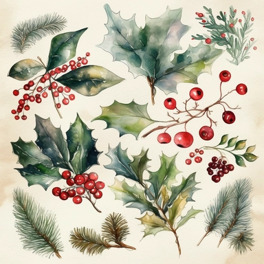 Generate a set of watercolor clipart images with a Christmas theme, featuring delicate and intricate designs of traditional holiday symbols like snowflakes, holly leaves, mistletoe, Christmas trees, and ornaments. The images should have crisp lines and clear outlines, with a high level of detail and subtle colors to make them elegant and beautiful. Please generate the images at the highest quality possible, with a resolution of at least 300 dpi and a size of 8x8 inches