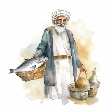 an happy old man selling fish in the market, ancient egipht, clipart, watercolor, no lettering, no image noise, white background