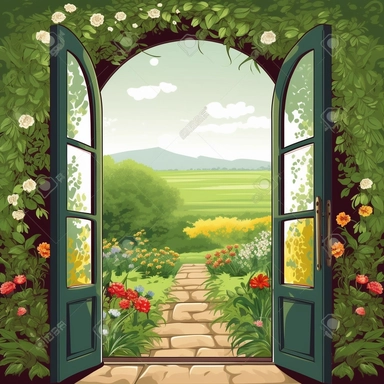 simple open door leading to beautiful garden clipart