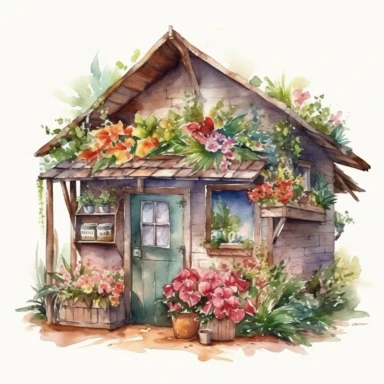 Flower Hut watercolor clipart, white background, hyper realistic