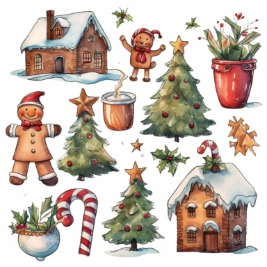 watercolor, Set of decorative lines with Christmas theme motifs. png Full body realistic cartoon in 32K UHD cute. 15 cm thick outline. Black color. There was no shadow on the ground. 8k with realistic watercolors and detailed illustrations. PNG clipart, transparent white background
